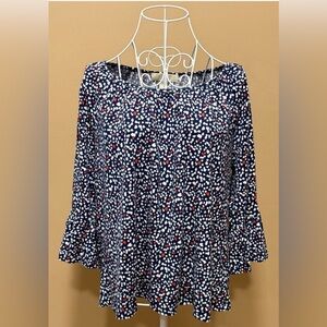 Michael Kors Navy Heart Print Bell Sleeve Knit Top Size Large Scoop Neck